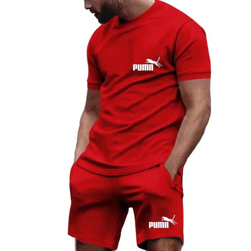 2026 new summer men's T-shirt+shorts set printed fashionable casual round neck pullover, breathable quick running sports shorts