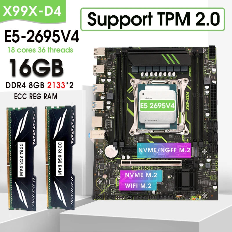 X99 XD4 TPM2.0 PIN C612 Chip Motherboard Set Kit With LGA2011-3 Xeon E5 2695 V4 CPU DDR4 and 16GB (2*8GB) 2133MHZ Memory Set