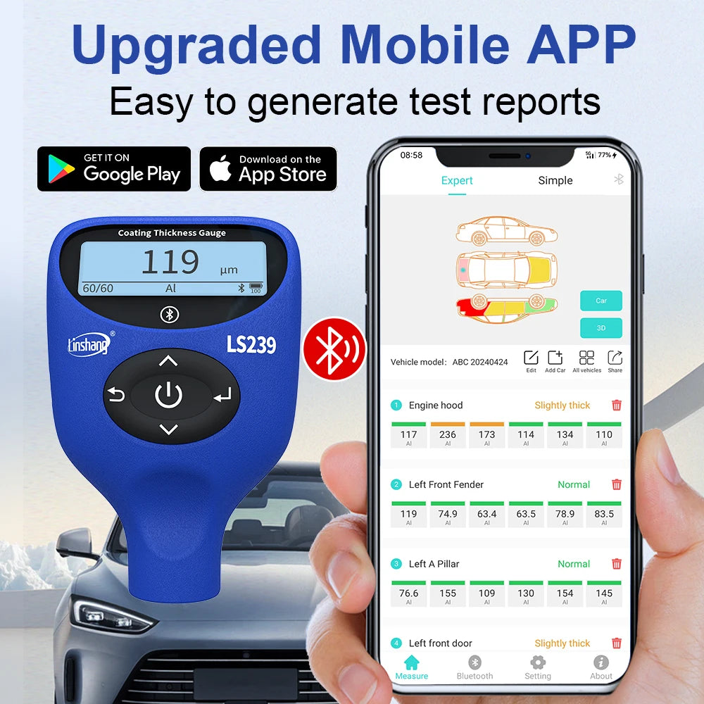 LS239 Professional Coating Thickness Gauge 0.0-5000μm Upgrade Car Paint Tester Three-Color Display High Precision Paint Meter