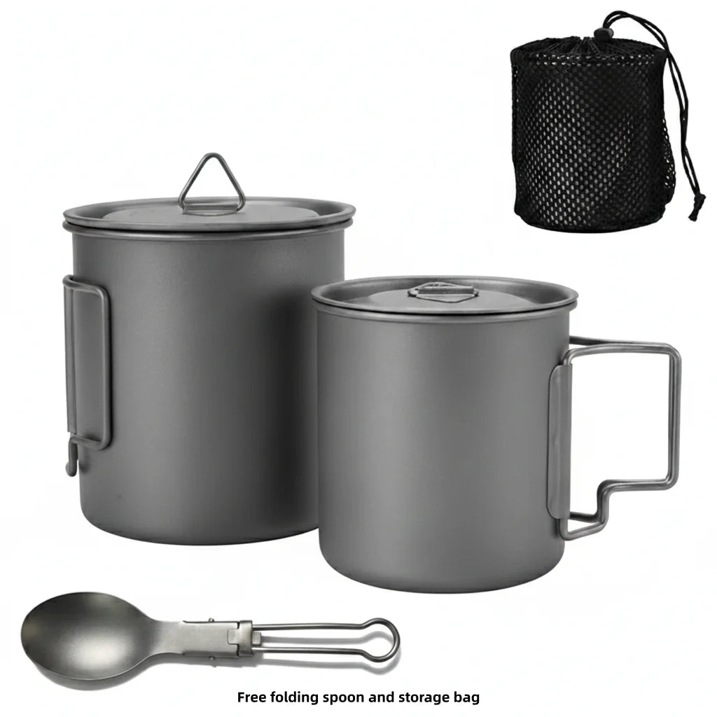 Titanium Camping Cookware Set with Folding Mug (420ml/750ml) and 750ml Pot, Lightweight Portable Outdoor Kit for Hiking Backpack