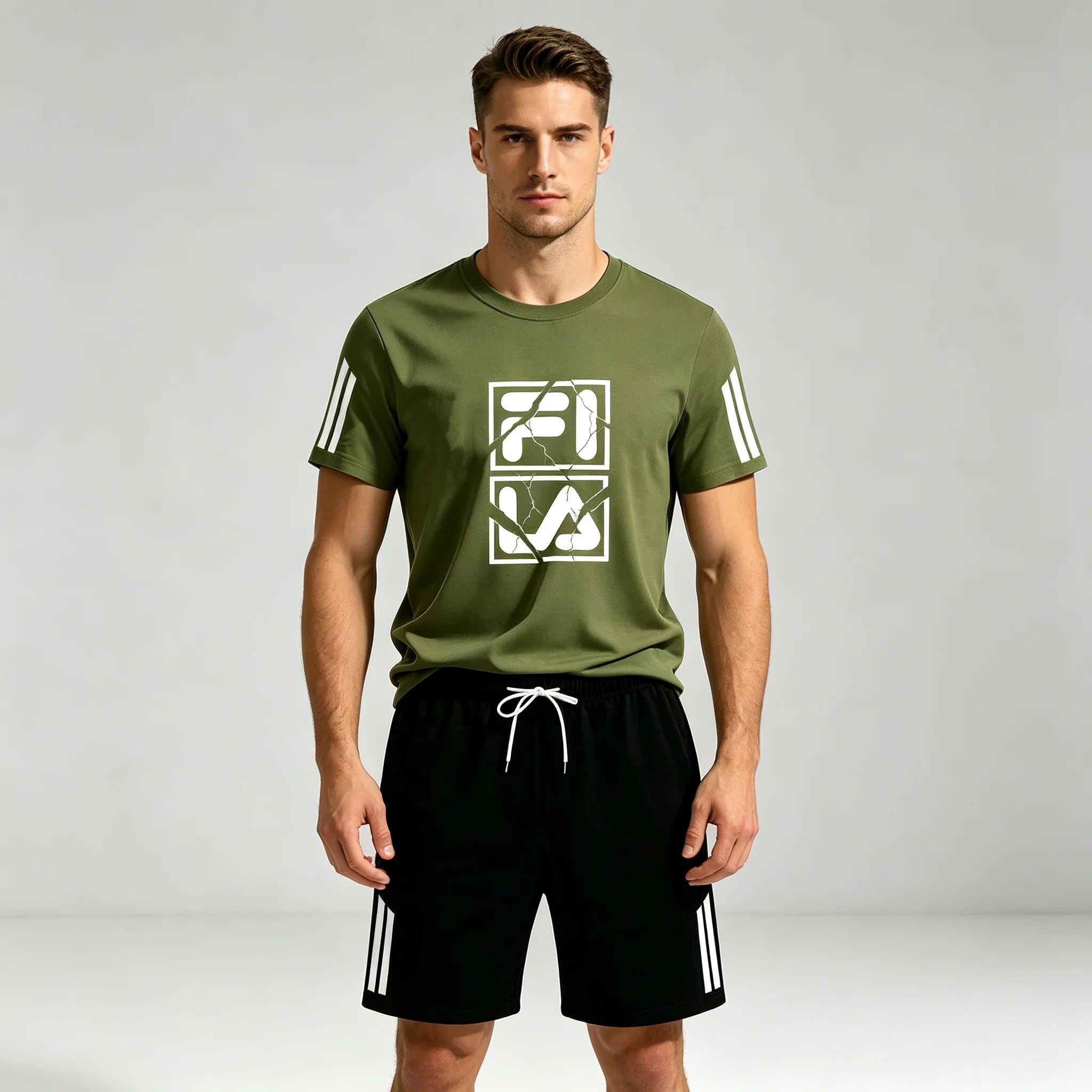 Men Crack Square Letter Print Mesh Tracksuit Thin Breathable Short Sleeve Top Shorts Set Fashion Adult Sports Outfit