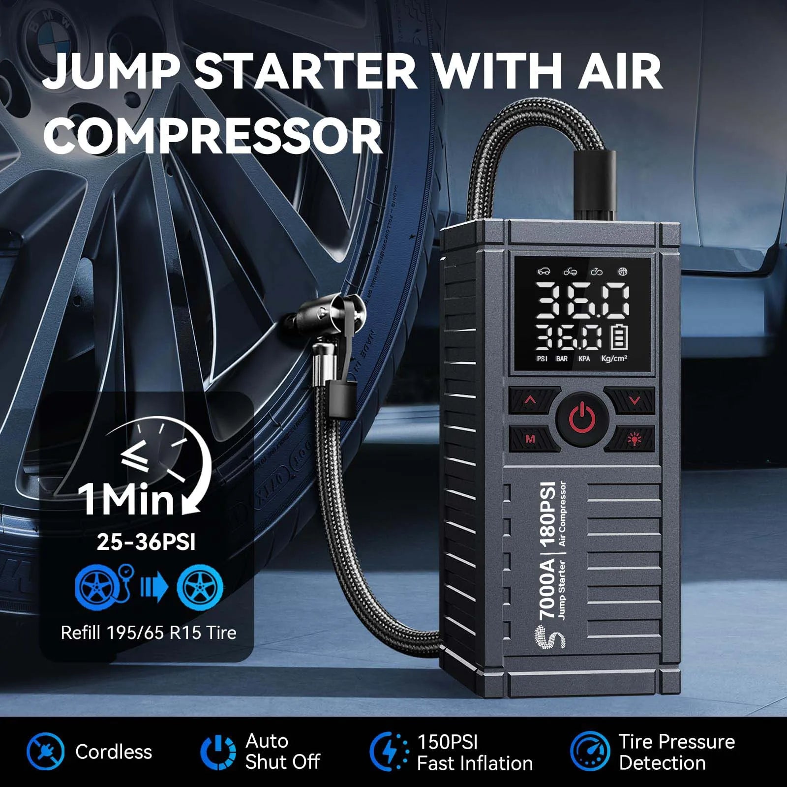 Jump Starter with Air Compressor, 7000A 180PSI Car Battery Jump Starter Jump Box (All Gas/12.0L Diesel), Battery Charger, LED