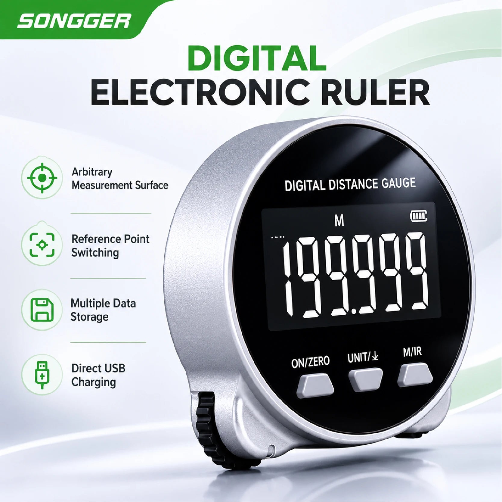 IBCH0001 Digital Distance Gauge Electronic Rolling Ruler Rechargeable 0-199.999m Multi Measuring Auto Backlight Sewing Craft