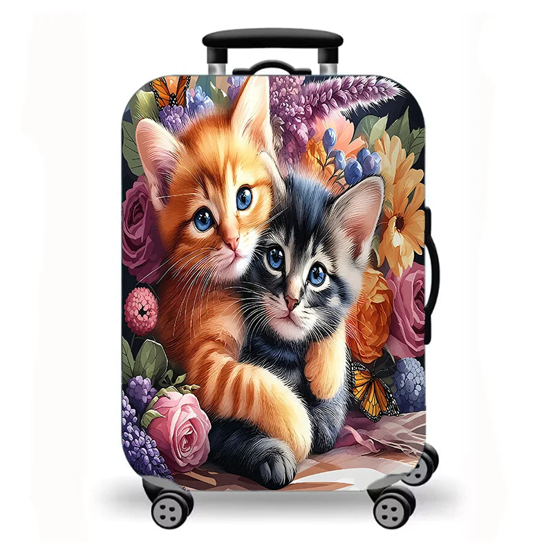 Luggage Cover, Cute Fluffy Kitten Cat Floral Duck Print Stretch Suitcase Protector, Washable Anti-Scratch Travel Baggage Cover