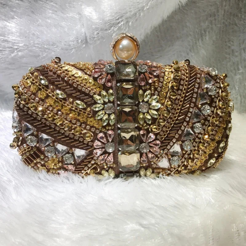 Handbag Autumn New Rhinestone Chain Handheld Dinner Small Square Bag Banquet Dress Color Metal Diamond Texture Women's Bag