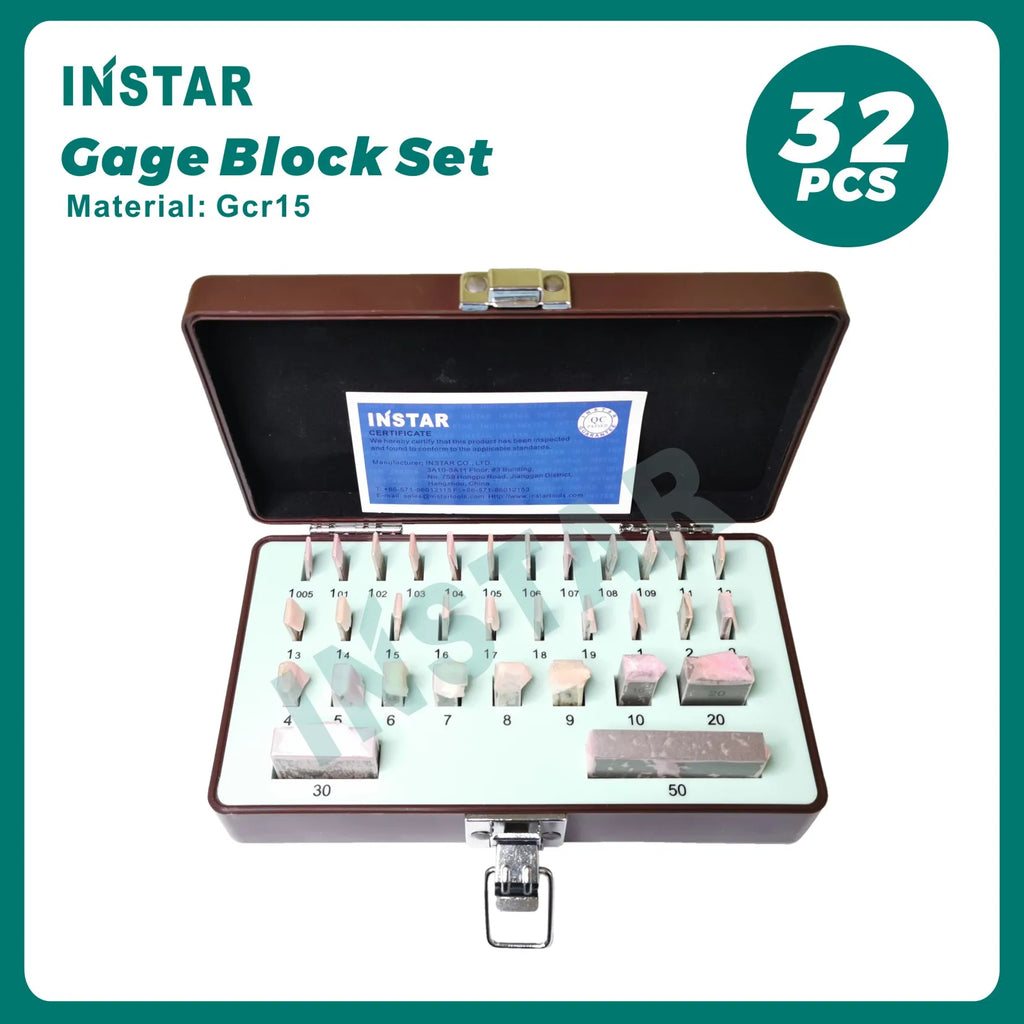 INSTAR Gage Block Set 32PC Grade 0 Medium Class Accuracy 0.00045mm Hardened Steel Gcr15 Industrial Quality 1.005mm-30-50mm