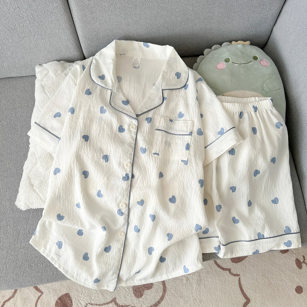 Women's Summer Thin Pajamas with Heart-Shaped Pattern, Short-Sleeved Shorts, Sweet and Cute, Can Be Worn Outside in Summer, Two-Piece Home Wear Set