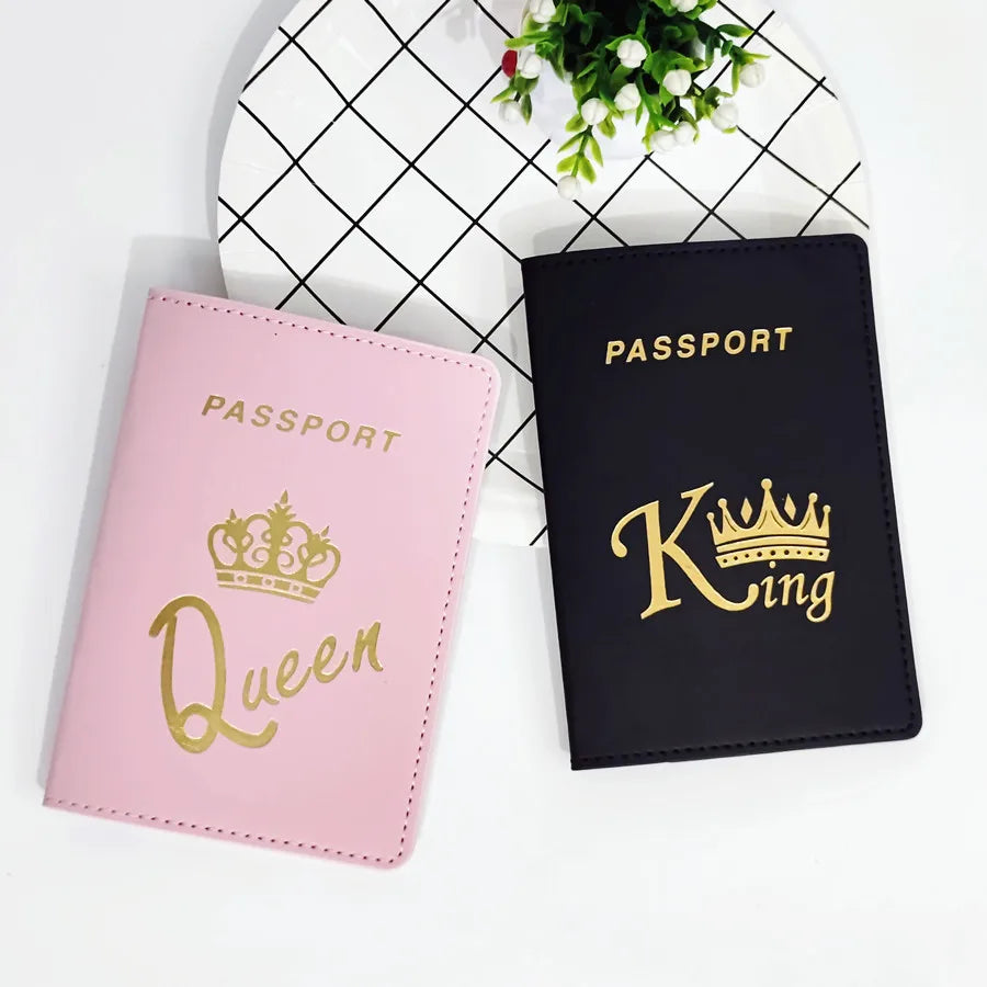 2PCS/Set Crown Graphic Lovers Passport Cover Case Card Holder Travel Accessories PU Leather Wallet Gift For Couples