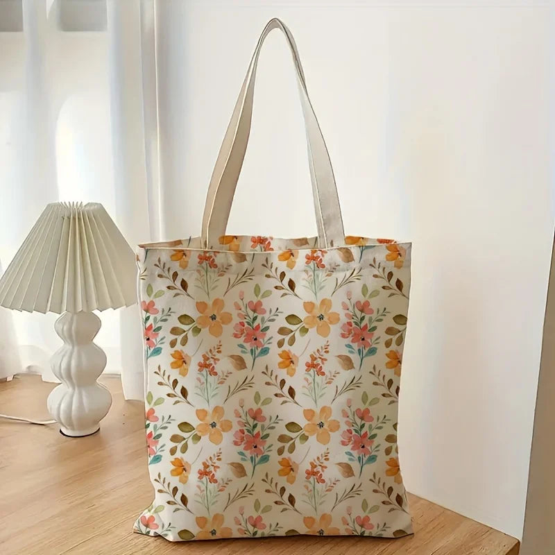Unisex Canvas Baguette Bag Art Wildflower Pattern Reusable Shopping Tote Large Capacity Double Sided Print Storage Pouch Personal Items Organizer Gift for Friend