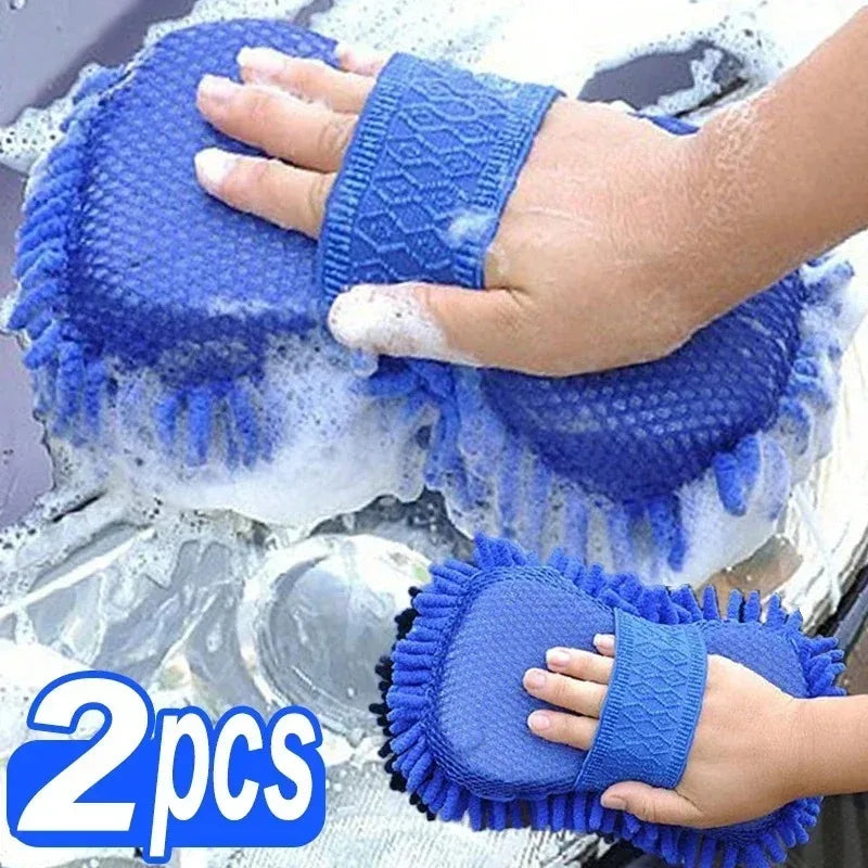 2Pcs Blue Microfiber Chenille Car Wash Sponge Care Washing Brush Pad Cleaning Tool Auto Washing Towel Gloves Styling Accessories