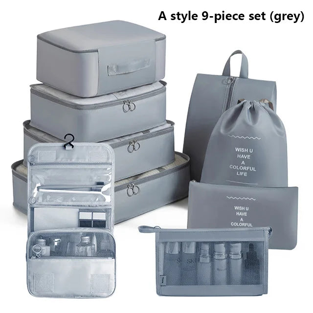 9Pcs Travel Packing Cubes Set Waterproof Luggage Organizer with Drawstring Pouches for Clothes Shoes Cosmetics Underwear - Suitc