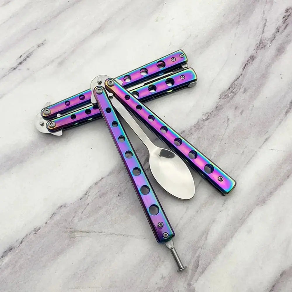Durable Stainless Steel Butterfly Folding Spoon Fork Practice Training Outdoor Camping Tableware Balisong Training Tool