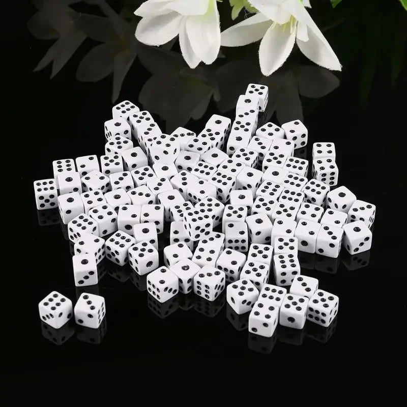 100PCS Mini White Dice Set - 5mm 8mm 10mm 12mm 14mm 16mm D6 Sizes Square-Edged with Black Dots for Board Games