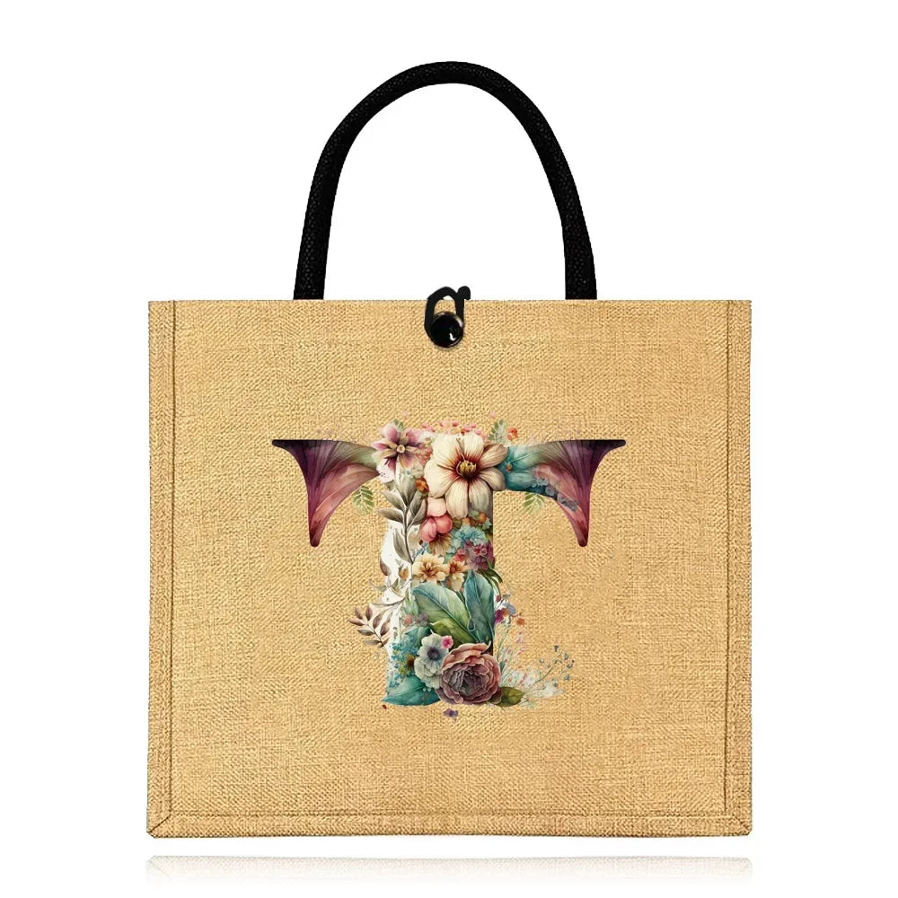 Flax Bag Fastener Handbag Organizer Storage Jute Tote Bags Imitation Cotton Women Valise Portable Floral Letter Printing Series