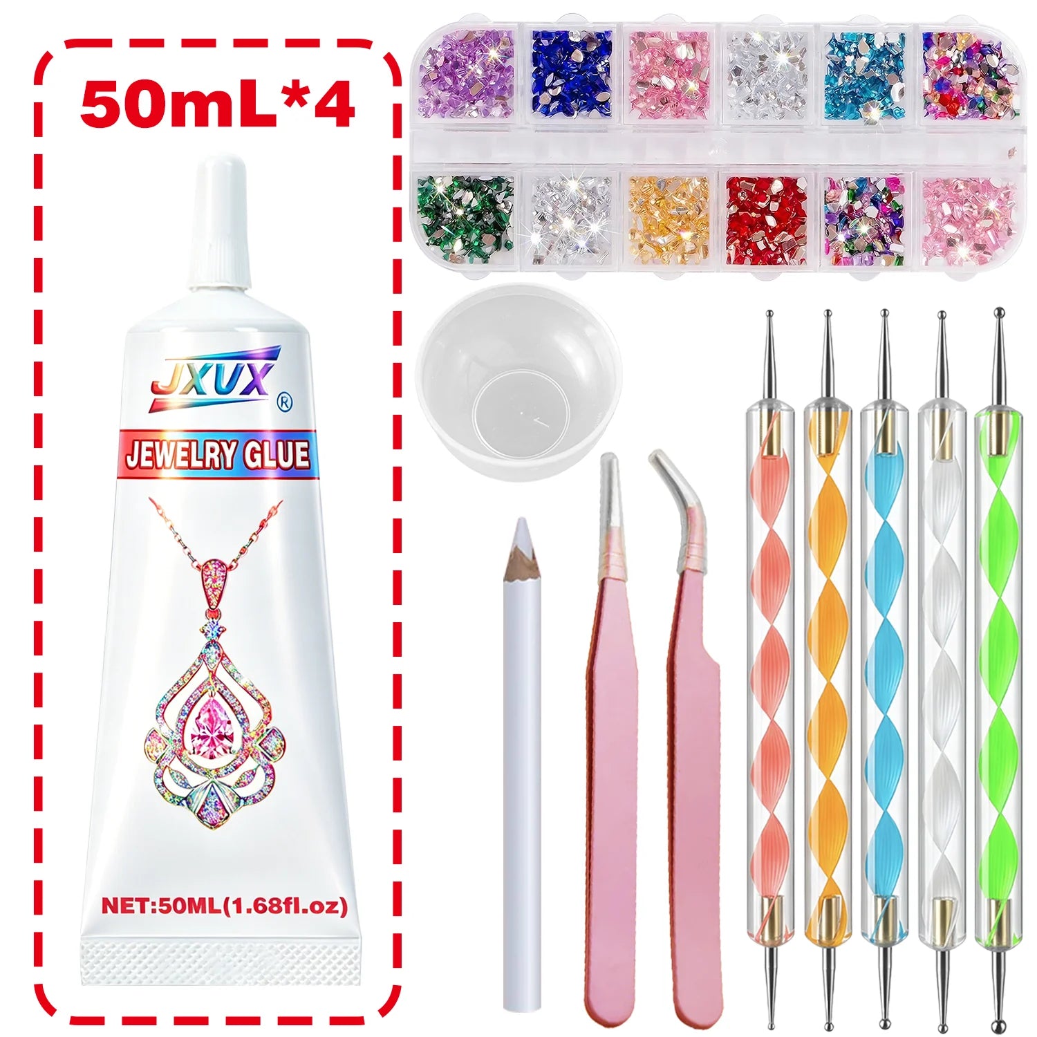 JXVX B7000 Glue for Rhinestones Crafts, 4PCS 50ML Clear B-7000 Super Jewelry Glue Transparent Industrial Adhesive for Fabric Jewelery Making Crystal Gem Tac Nail Art Glass.