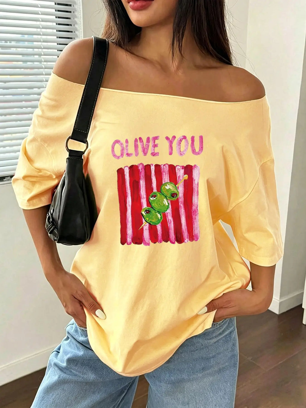 100% Cotton Plus Size Cute Olive Print Casual T-Shirt Shoulder Loose Print T-Shirt Oversized Y2K Style Graphic Tees Women Top