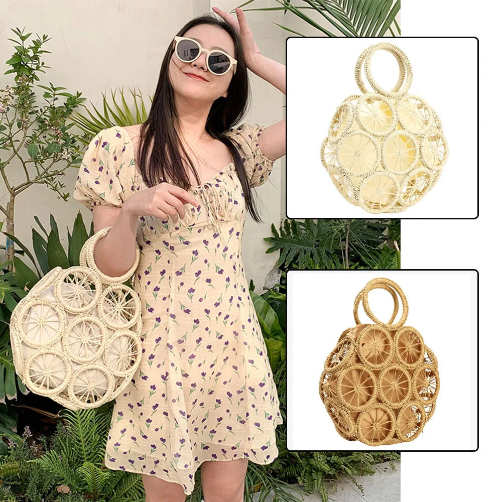 Round Straw Bag Rattan Woven Handbag For Women Large Capacity Shoulder Tote Purse Ladies Holiday Beach Wood Handle Shopping Bag