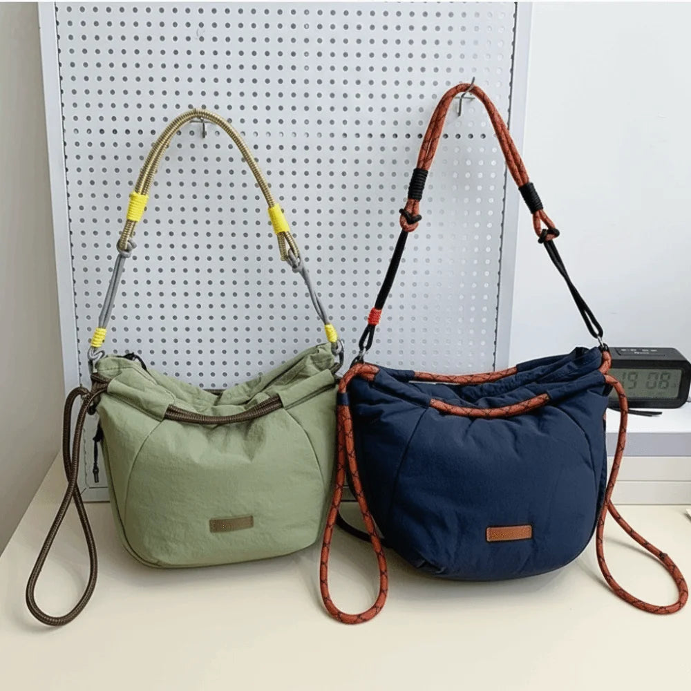 Retro Contrast Color Drawstring Shoulder Bag Webbing Large Capacity Tote Bag Multi-pocket Korean Style Handbag Date