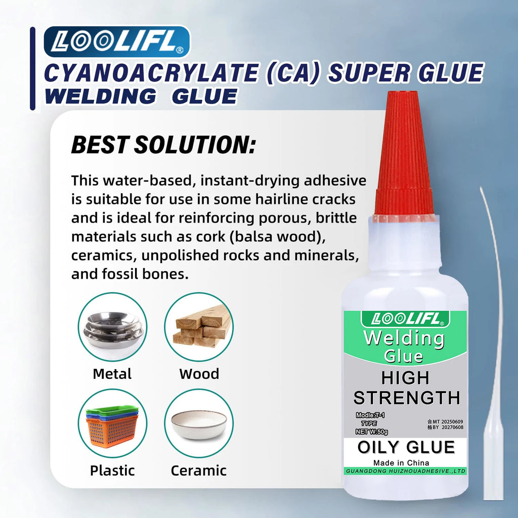 LOOLIFL 50g High Strength Oil-based Glue for Welding, Oil-based Super Glue, High Quality CA Glue - Universal Instant Adhesive for Resin Ceramics Metal Glass Wood, Complimentary Precision Dispenser.