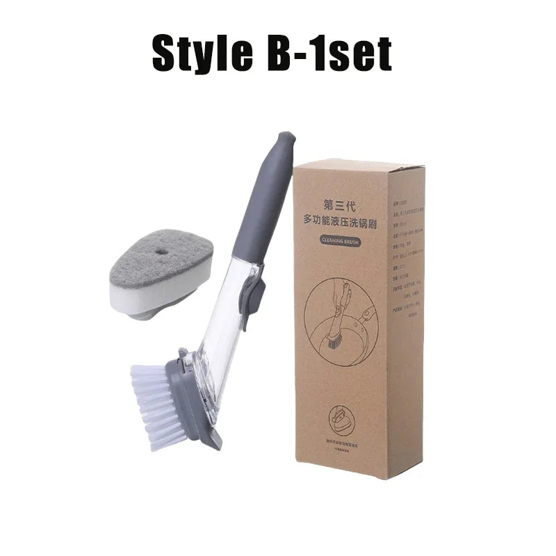 Kitchen Dish Cleaning Sponge Brush Liquid Filling Press Type Pot Cleaning Brush Soap Dispensing Pot Scrubber with Long Handle