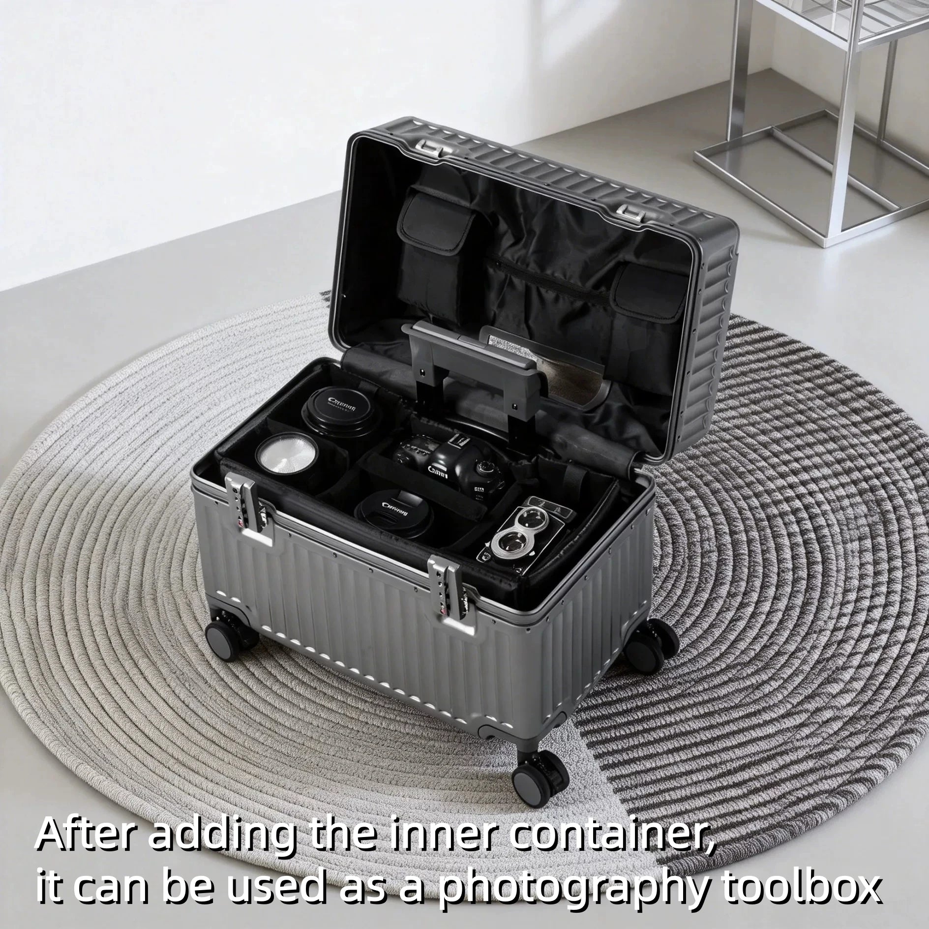 Top Opening Rolling Luggage 18/20 Boarding Carry-on Travel Photographer Suitcase PC Material with Aluminum Alloy Frame TSA Lock