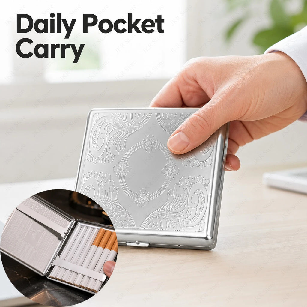 Portable Stainless Steel Cigarette Case Metal Embossed Holder Pocket Storage Box for Smoking Accessories Daily Use