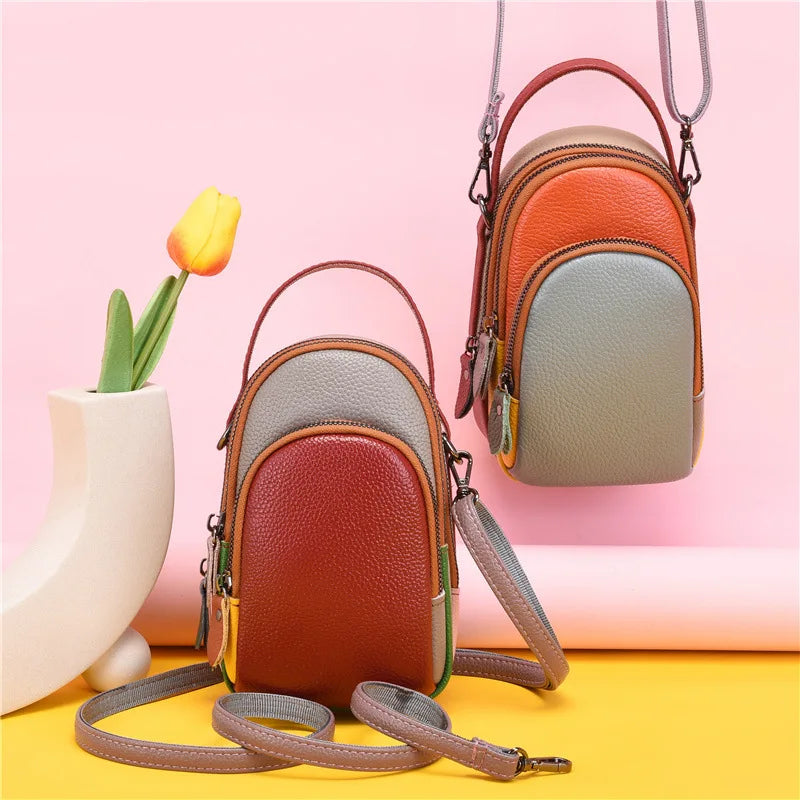 Leather mobile phone storage, hand-held crossbody bag with top layer cowhide color contrast, large capacity single-shoulder bag