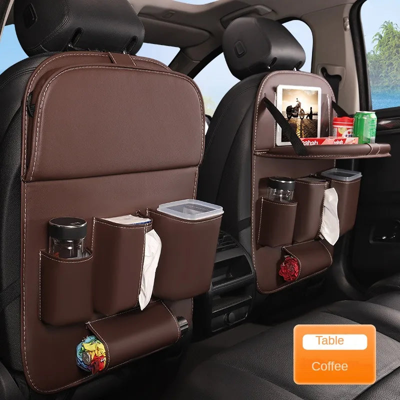 Car Seat Back Organizer With Foldable Table Tray Leather Auto Backseat Hanging Tissue Cup Holder Pockets Trash Can Bin Storage