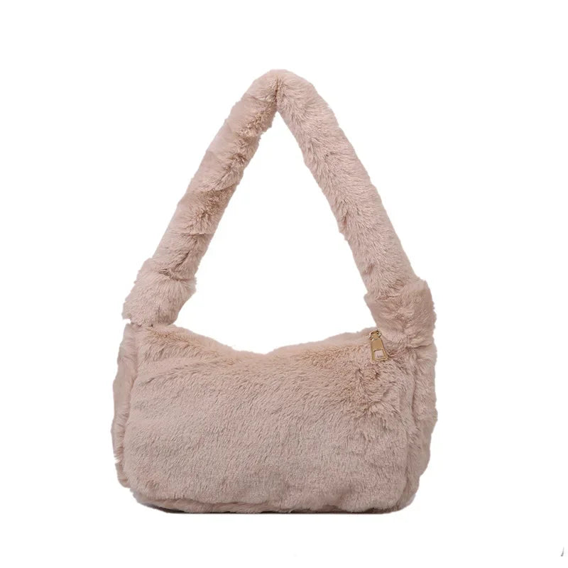 New Fluffy Totes Soft Plush Shoulder Underarm Bag Solid Color Purse Autumn Winter Handbag Women Lady Fashion Storage Pouch