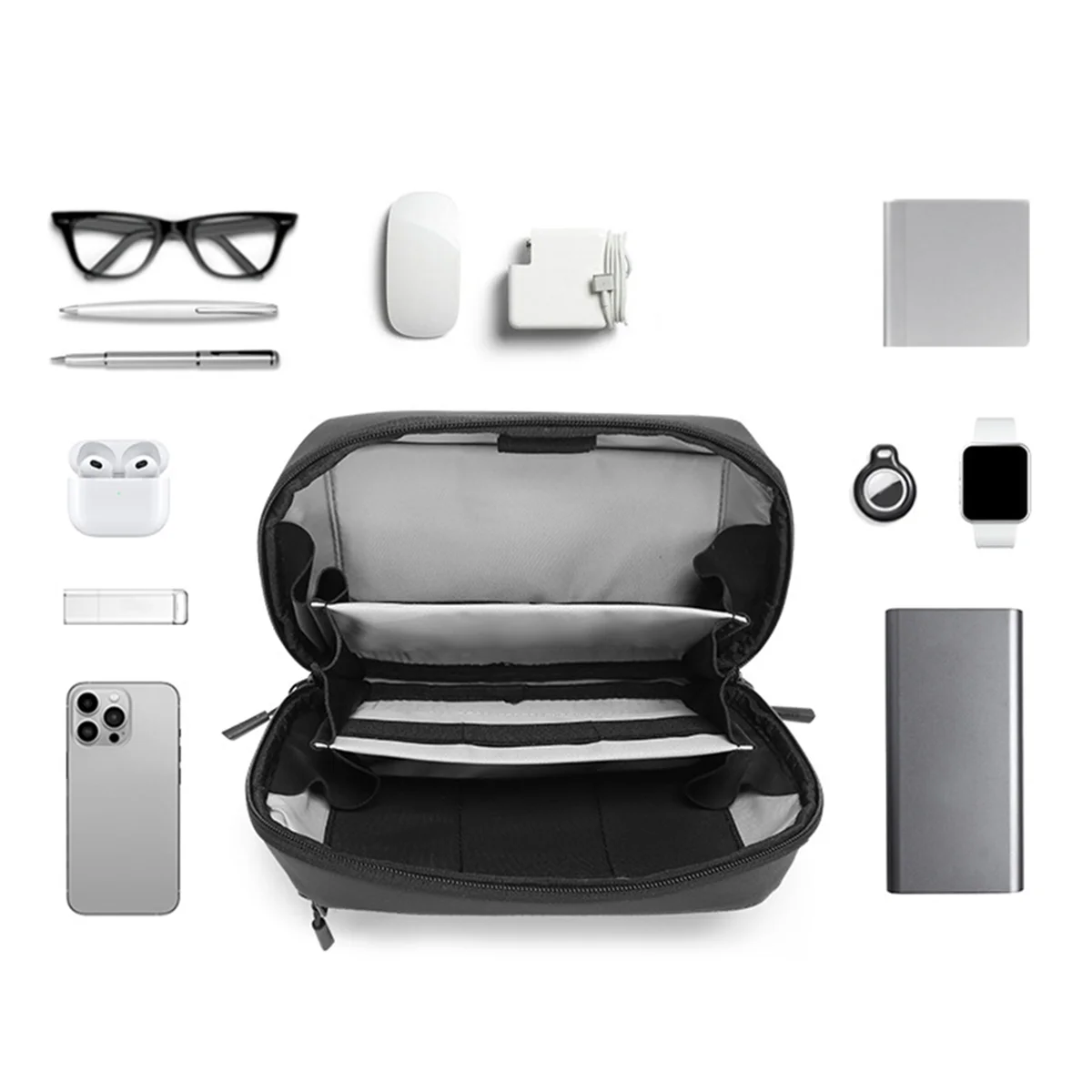 A45U Waterproof Tech Pouch Multi-Layer Organizer Case Portable Gadget Bag for Travel Data Cable and USB Charger Storage Grey