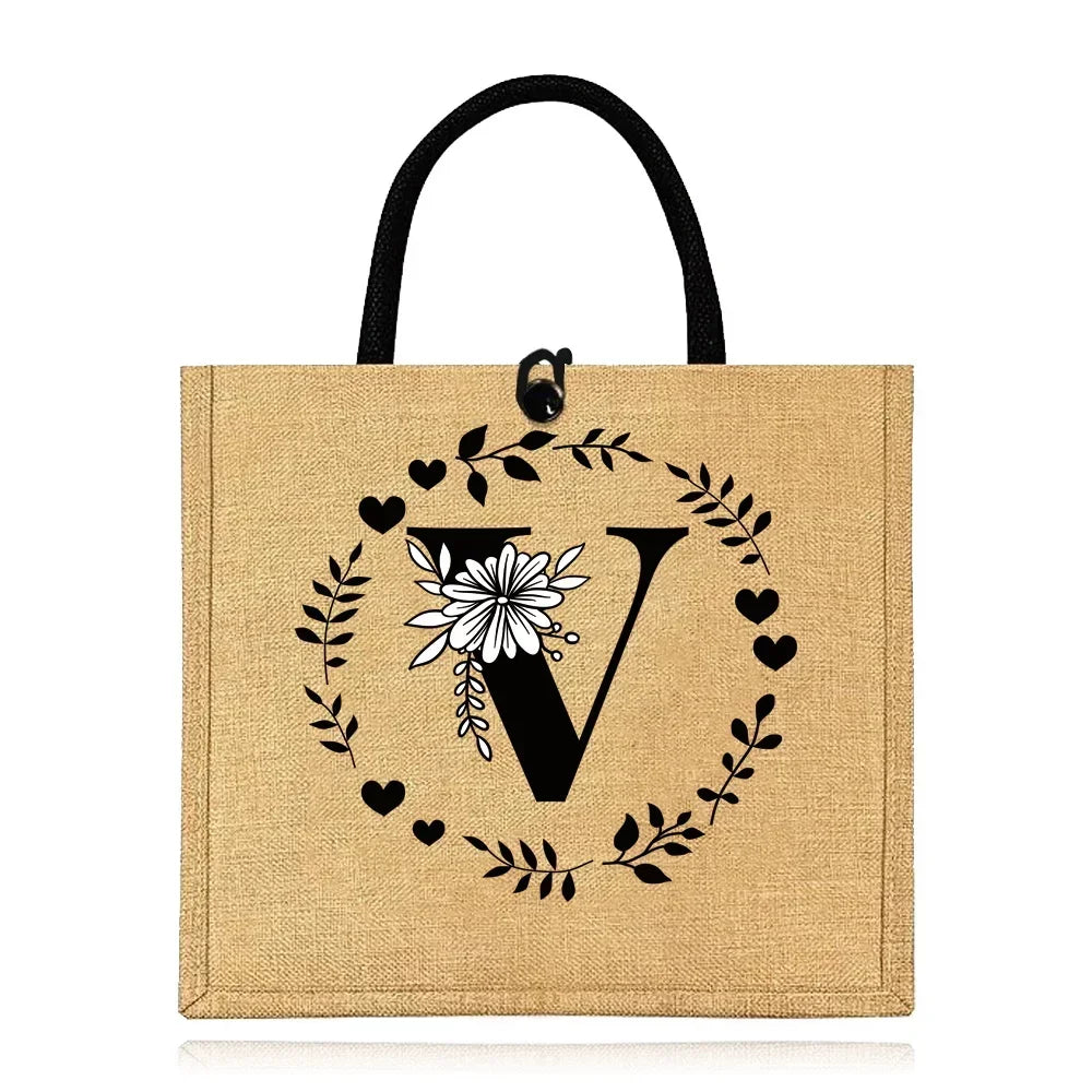 Flax Bag Fastener Handbag Organizer Storage Jute Tote Bags Imitation Cotton Women Valise Portable Garland Letter Printing Series