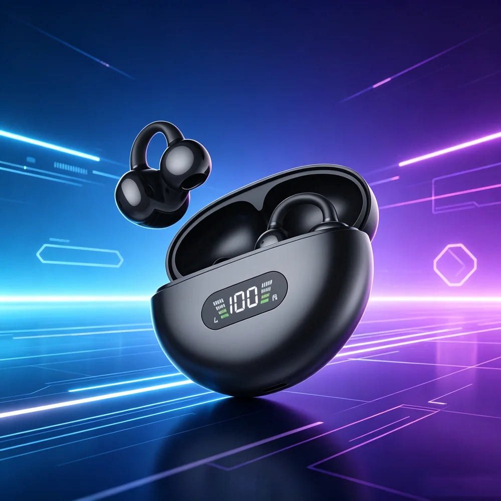 New TWS Bone Conduction Earphones Bluetooth 5.3 Earbuds Clip on Ear Comfortable Sport Digital Display Headsets for smartphones