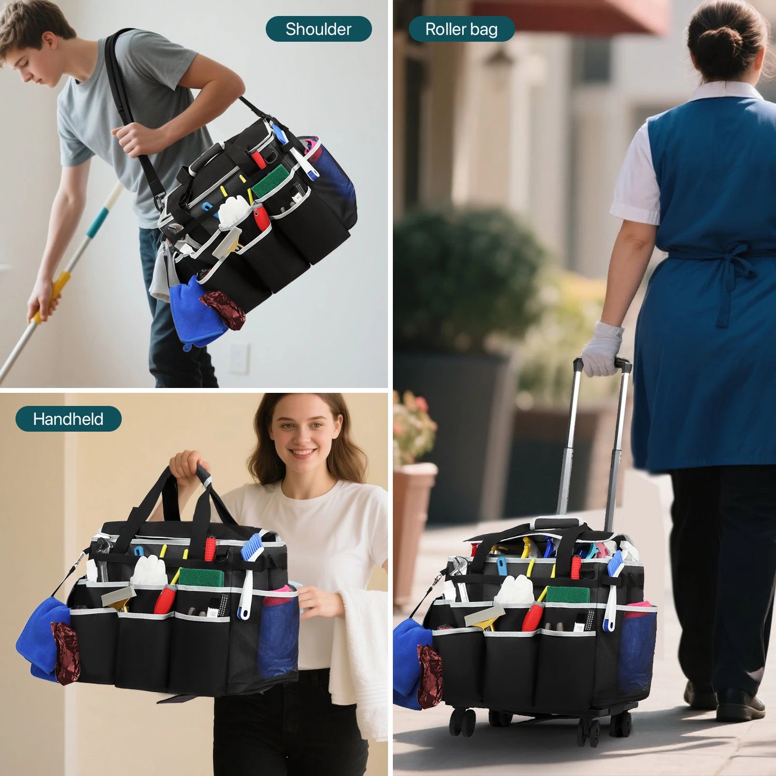 Rolling Cleaning Caddy Bag Tool Bag Cleaning Tools Storage Bag Professional Portable Large Cleaning Bag With Wheels Oxford Bags