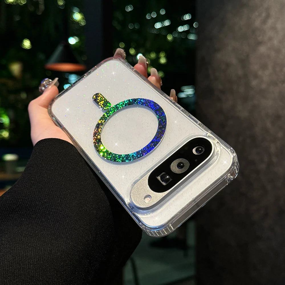 Bling Glitter Transparent Wireless Charge for Magsafe Phone Case For Google Pixel8 A Pro 9Pro XL Magnetic Clear Shockproof Cover