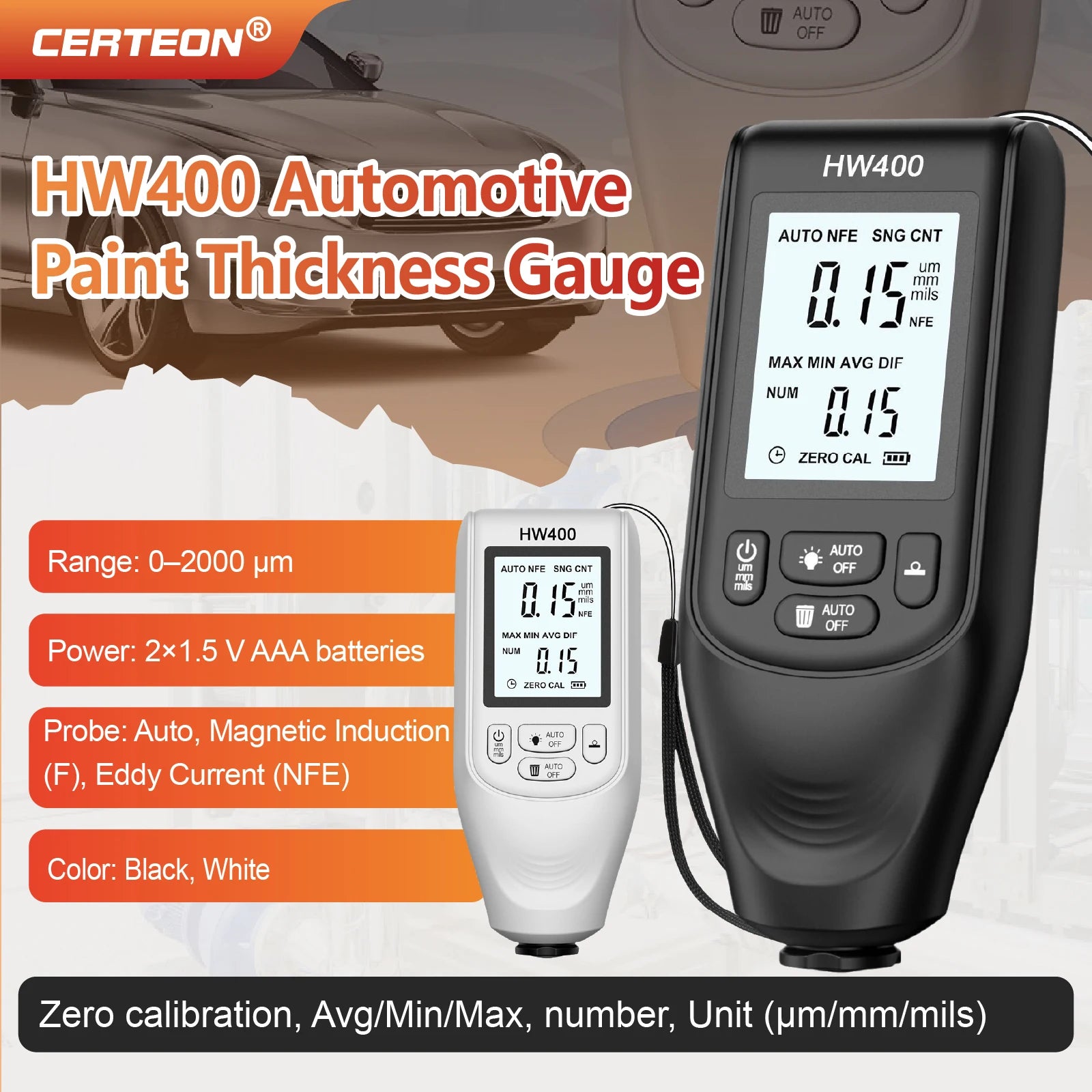 HW400 Handheld Coating Thickness Gauge 0‑2000µm Digital Fe/NFe Paint Film Tester for Car Body Industrial Magnetic Eddy Current