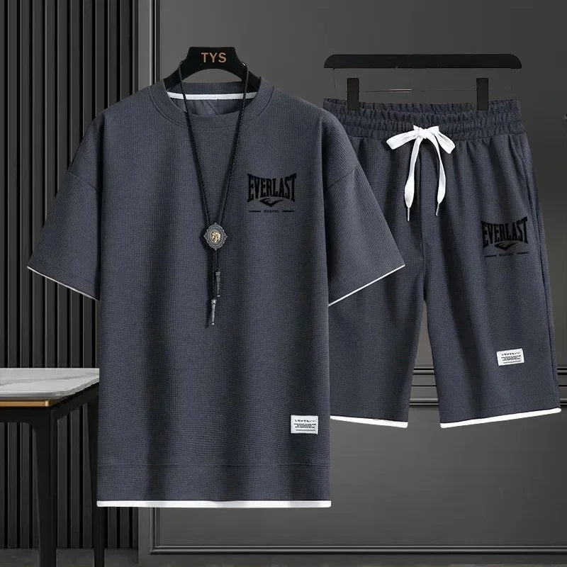 EVERLAST New Summer Men's Daily Casual Breathable Comfortable Loose Sports Set Fashion Brand Men's Waffle Top+Shorts 2-piece Set