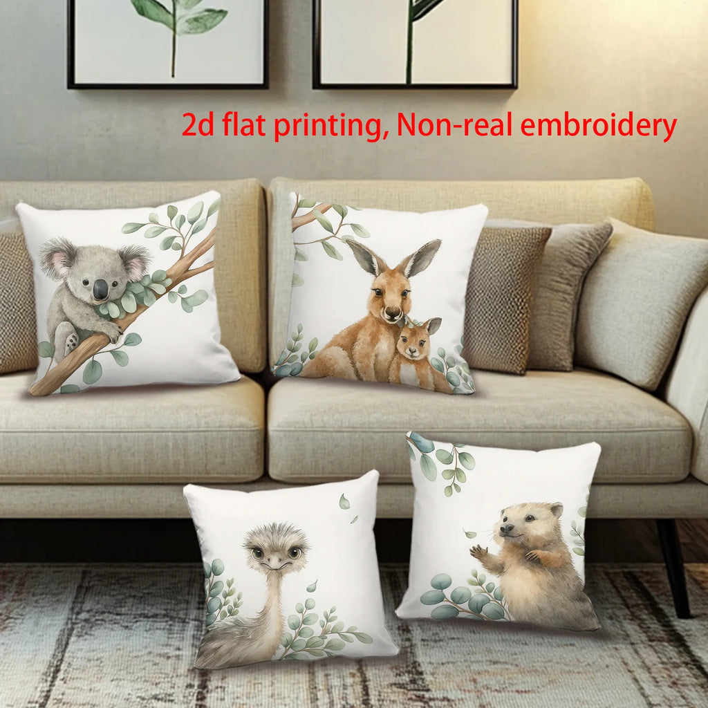 4pcs Australian Style Natural Eco-Friendly Pillowcase Set, Featuring Koalas, Kangaroos, Emus, and Wombats.