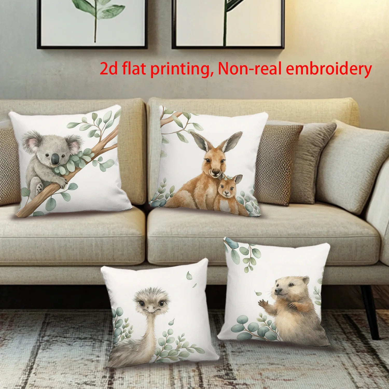 4pcs Australian Style Natural Eco-Friendly Pillowcase Set, Featuring Koalas, Kangaroos, Emus, and Wombats.