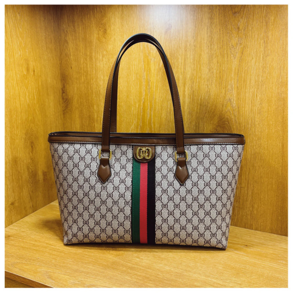 New Women's Luxury Coffee Floral Handbag with Red Green Striped Design Soft Leather Large Capacity Underarm Bag Fashionable