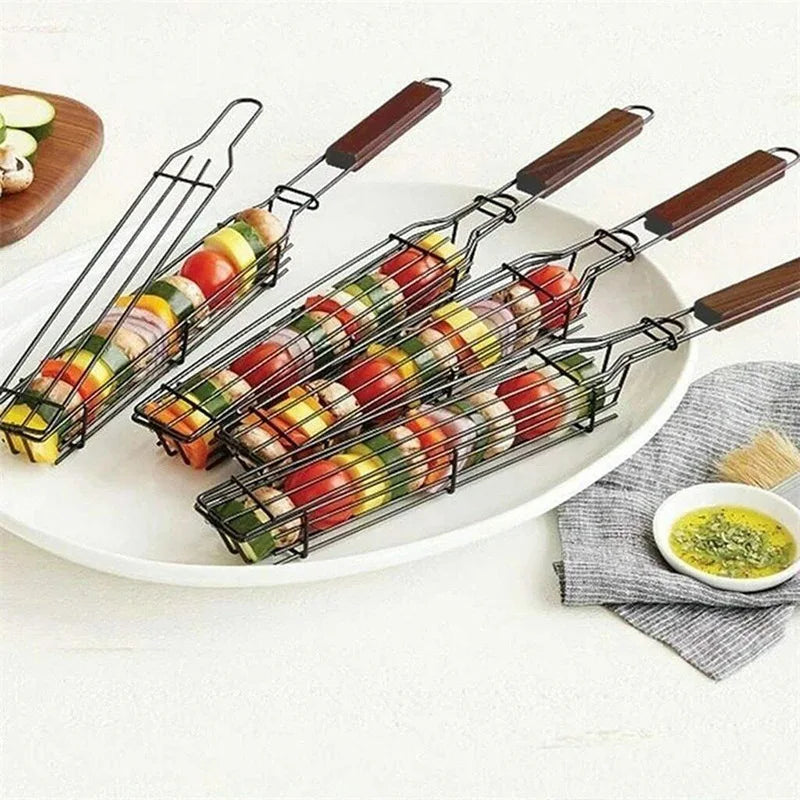 1pcs, Nonstick Stainless Steel Kebab Grilling Basket with Wooden Handle - Perfect for Hot Dogs, Sausages, and More