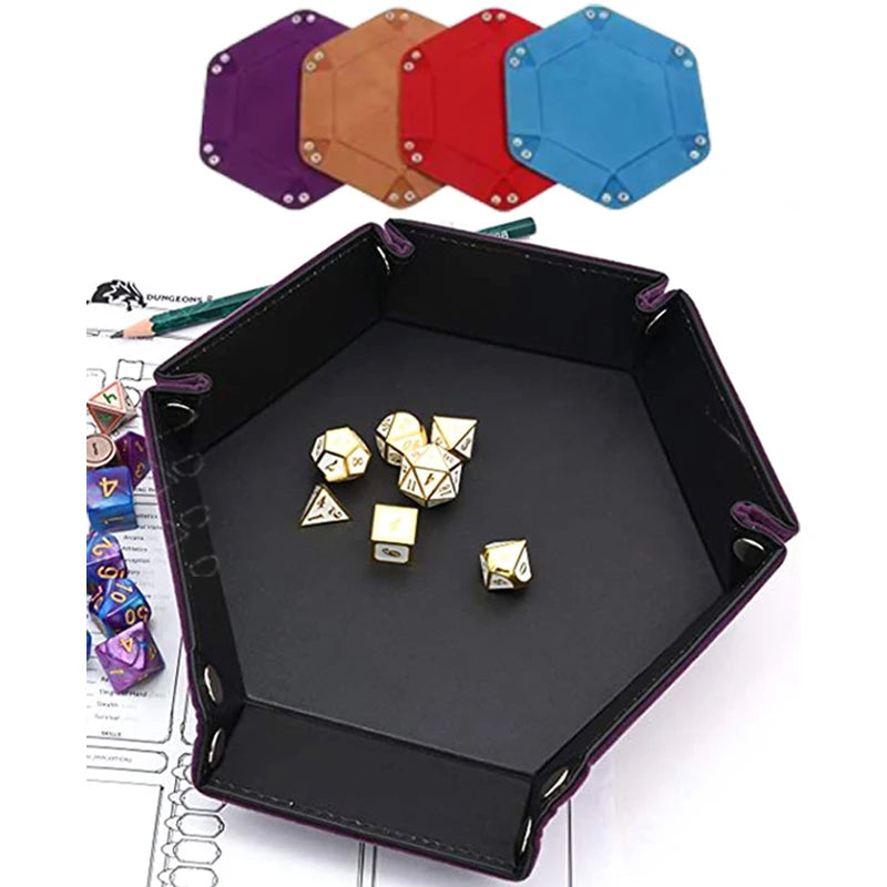 Rolling Folding Hexagon Dice Game Storage Tray PU Leather&Velvet Mat Holder Double Sided Thick Office Supplies Storage Tools