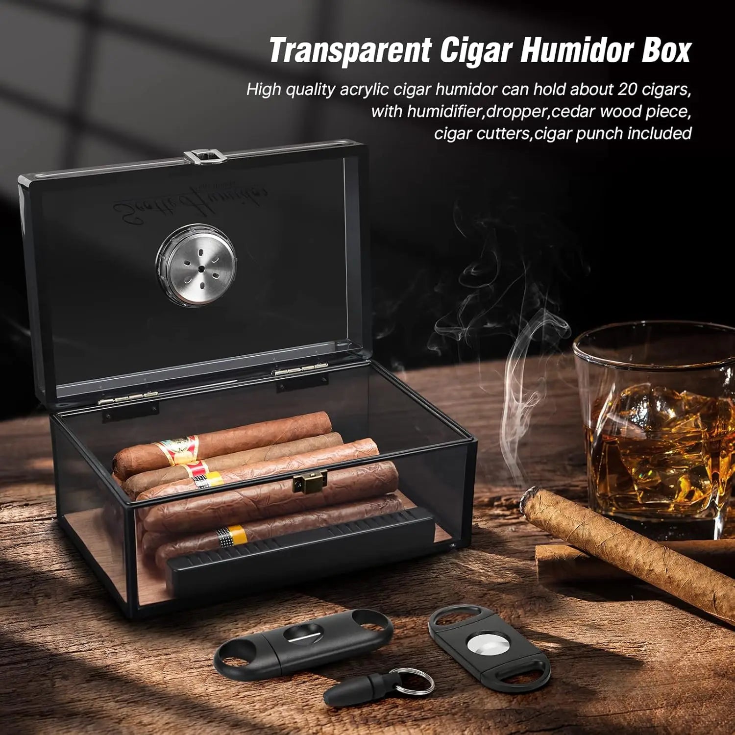 Acrylic Humidor - Cigar Box With Hygrometer, Humidifier & Accessories, Holds 20 Cigars