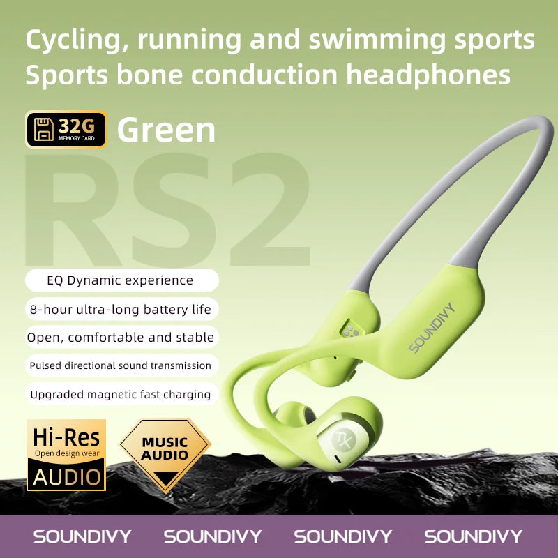 RS2 Bone Conduction Bluetooth Earphones 32GB Memory IPX6 Daily Life Sweatproof Sports Running Cycling Earphones SOUNDITY