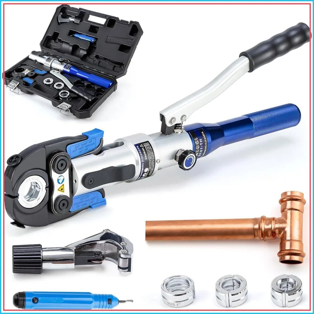 Pro Press Crimping Tool for Copper Pipe 1/2, 3/4, 1 Inch, 350° Rotatable Head, Includes Cutter & Deburring Tool