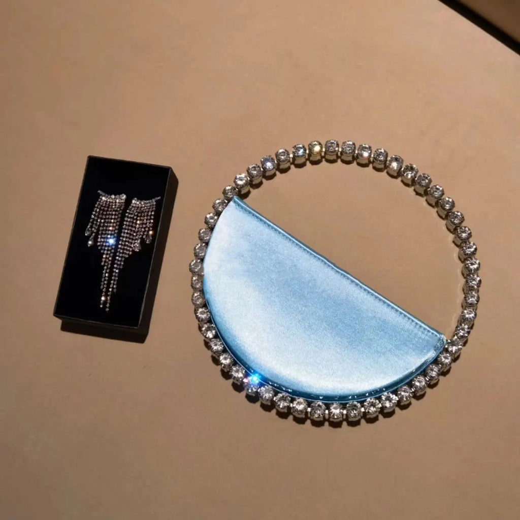 New Arrival Trendy Women Chic Round Satin Crossbody Hand Bag with Round Bling Crystal Handle Evening Party Bag Purse
