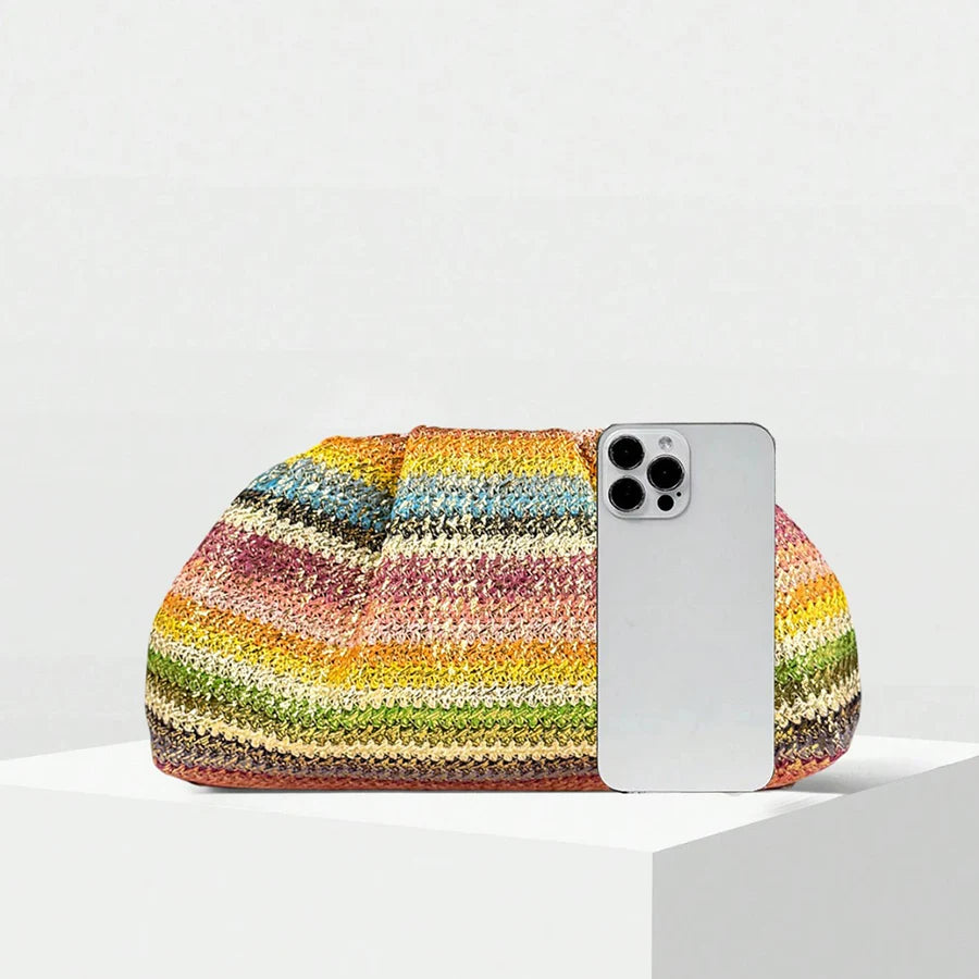 2026 Summer New Rainbow Mixed Color Stripe Knitted Woven Handbags Women Causal Weaving Purse Seaside Vacation Travel Beach Bags