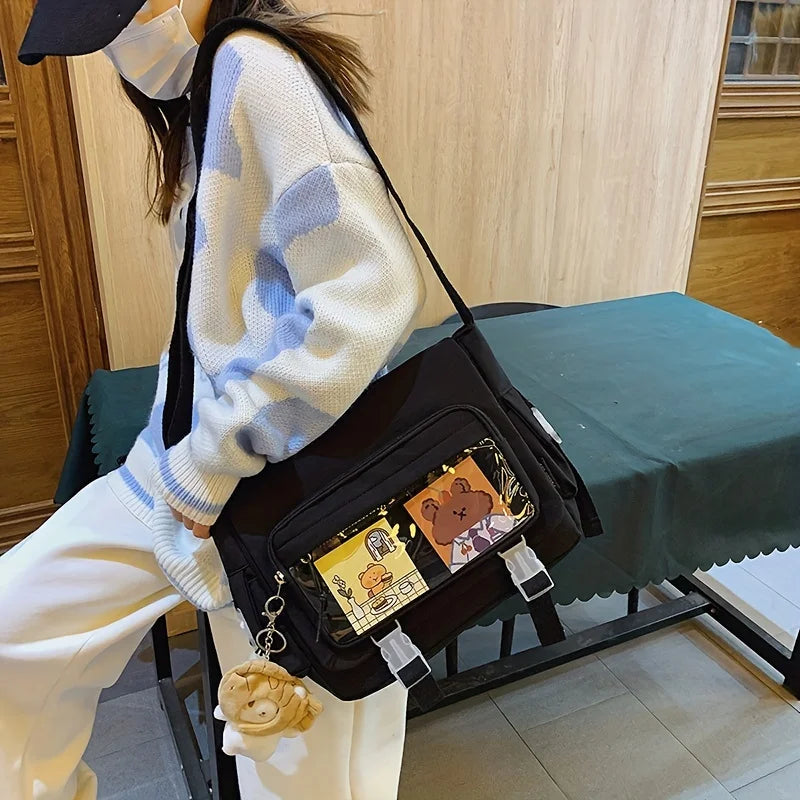 Kawaii Nylon Crossbody Bag, Clear Pocket Front Shoulder Bag, Student Flap Messenger Bag