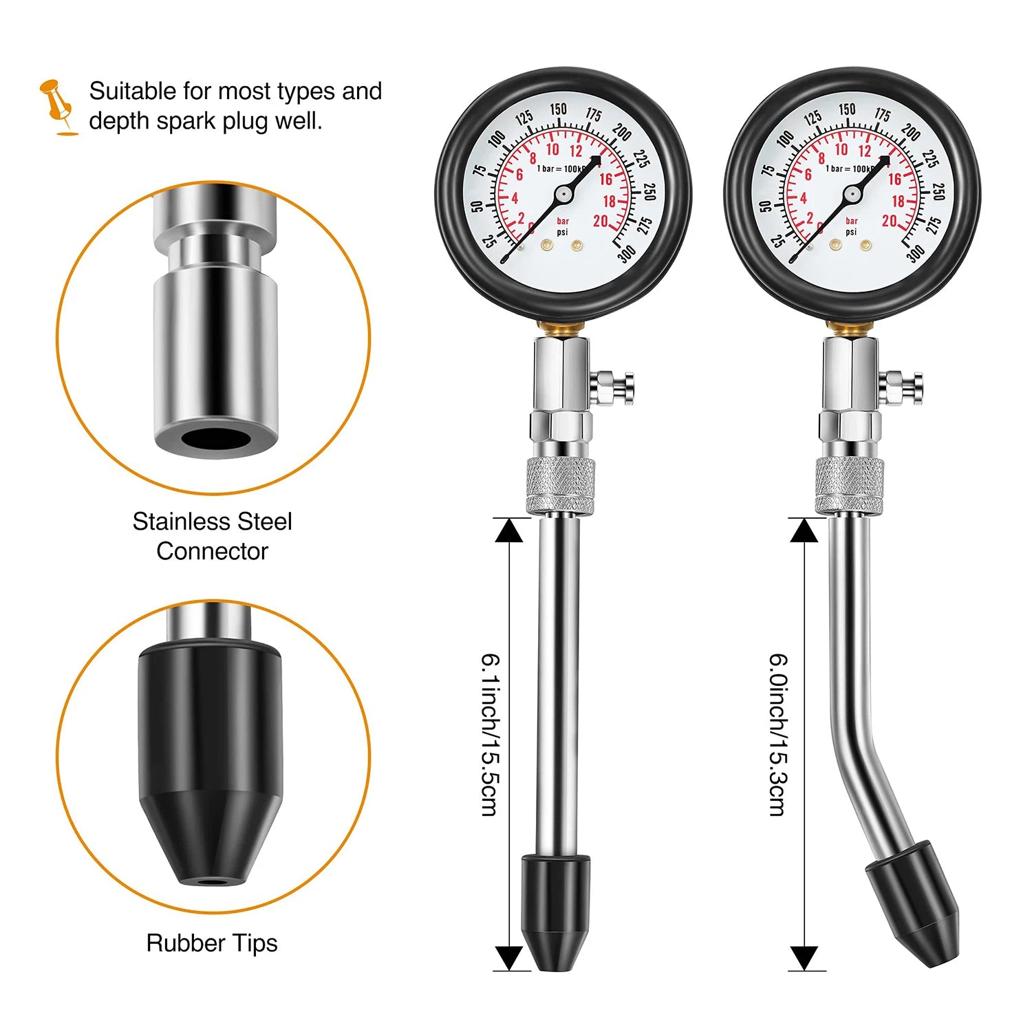 8 PCS Gasoline Engine Compression Tester Set 0-300 PSI Automobile Cylinder Pressure Gauge Kit with M10 M12 M14 M18 Adapter