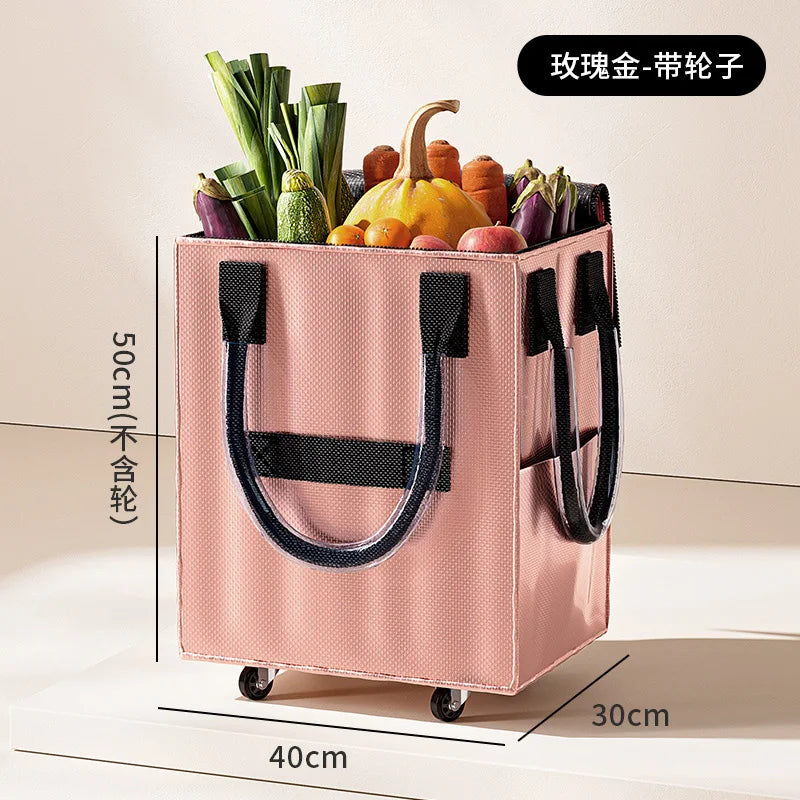 Foldable Wheeled Rolling Shopping Bag Long Handle Large Capacity Portable Collapsible Tote for Travel Shopping Outdoor Business