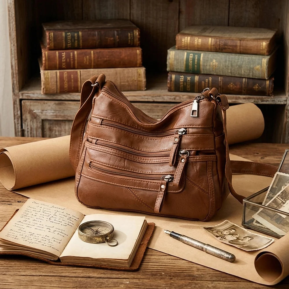 Washed Soft Leather Crossbody Bag for Women Double Layer Large Capacity Shoulder Box Bag Elegant Everyday Purse